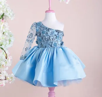 Ég Kék Kislány Ruha 3D Virágok Gyöngyből Kisgyermek Ruha Gyerekek Couture Kis Hercegnő Lányok Szülinapja Ruha 12M 18M 24M
