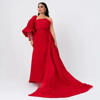 Vörös Egyetlen Ujja Hableány Estélyi Ruhák Gyöngyös Berakás Szatén Abendkleider Hivatalos Híresség DressArabic Dubai Születésnapi Party Ruha