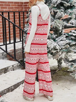 A nők Karácsonyi Kötött Kantáros Overall Hópehely Nyomtatás Laza Egyenes Láb Kezeslábas Gyermek Nadrág Zsebében Streetwear