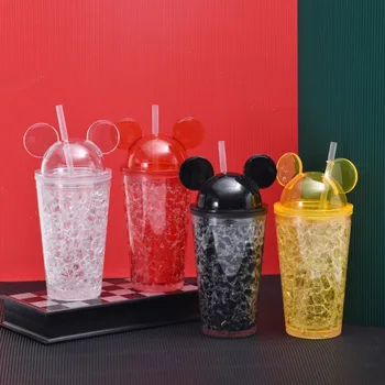 Rajzfilm Mickey kültéri gyermek műanyag pohár nyáron hűtő hordozható zúzott jég kupa szalmával nagy kapacitású pohárban